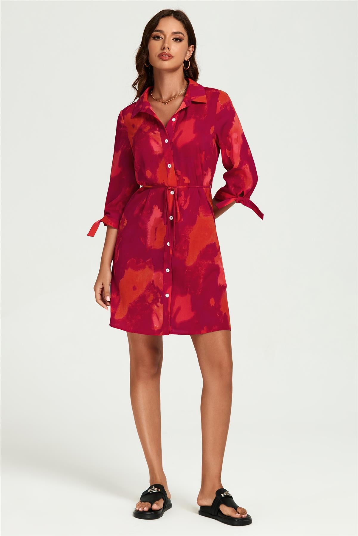 Abstract Print Shirt Mini Dress In Red