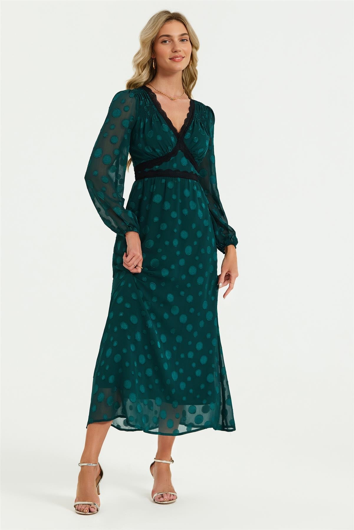 Long Sleeve Dot Jacquard Lace Trim Maxi Dress In Green