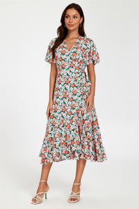 Daisy Print Midi Wrap Dress In Pink