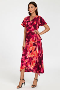 Abstract Print Wrap Maxi Dress In Burgundy
