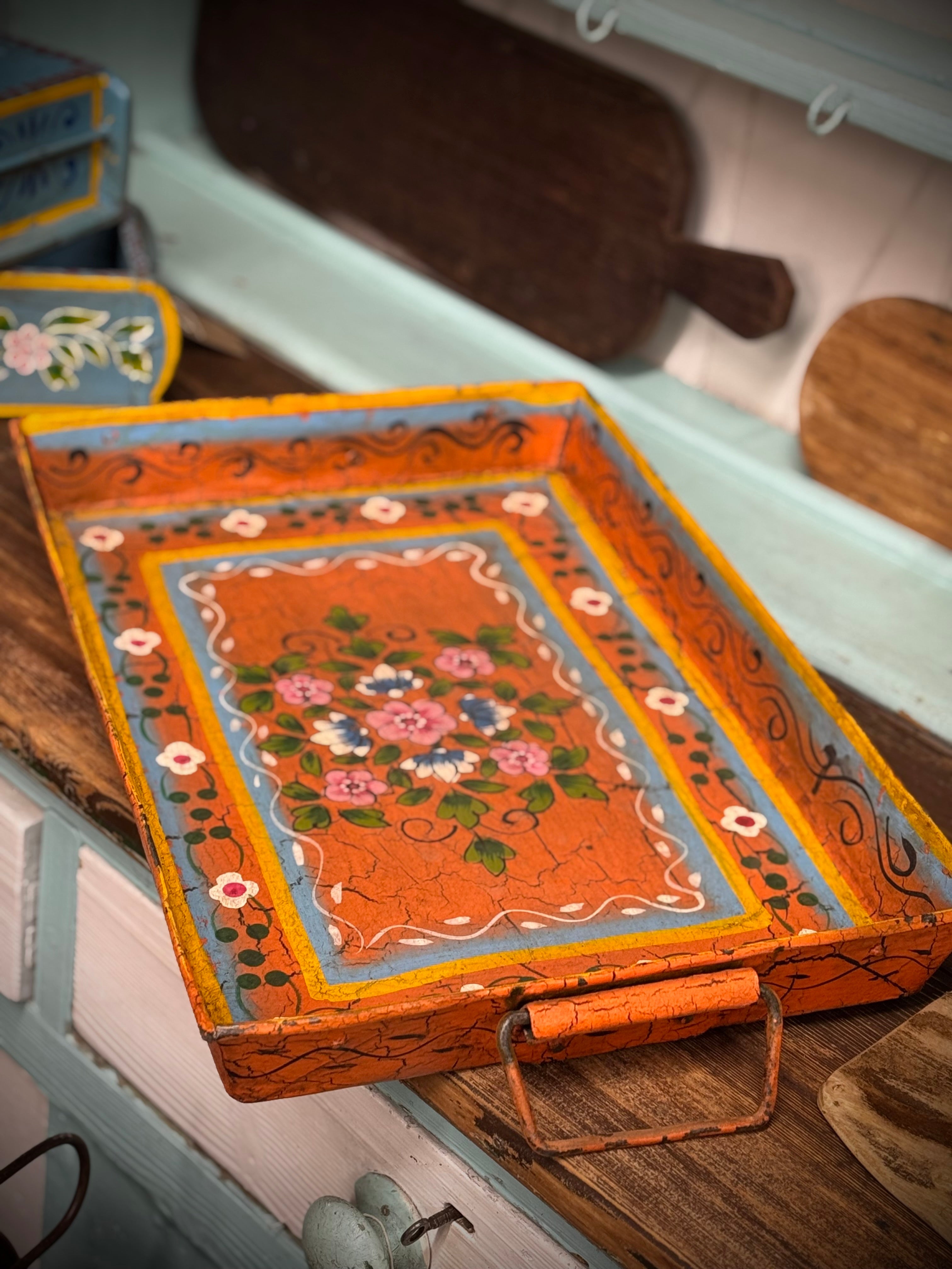 Rustic Vintage Metal Hand Painted Tray / Bread Antipasti Board / Decorative Storage / Serving Lap Tray / Narrow Boat