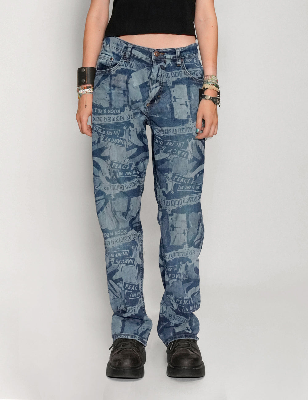 'Peace' Laser Print Vintage Jeans in Blue