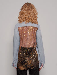 Party Back Shirt - Gold Star Sequin - Light Blue Denim