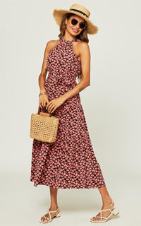 Halter Neck Maxi Layer Dress In Pink Floral Print