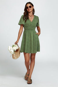 Dot Print Short Sleeve Mini Dress In Green