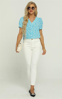 Short Sleeve Buttoned Blouse Top In Blue & White Flora Print
