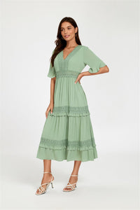 V Neck Lace Detail Midi Dress In Green