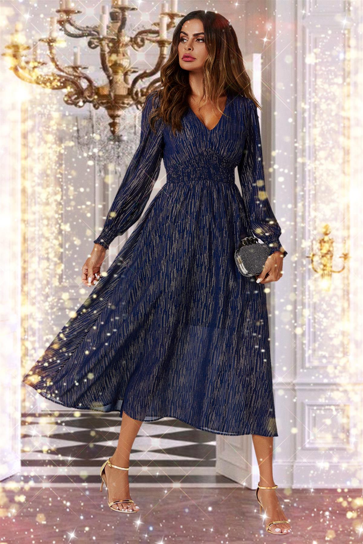 Gold Stripe Foil Long Sleeve Maxi Dress In Navy