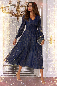Gold Stripe Foil Long Sleeve Maxi Dress In Navy