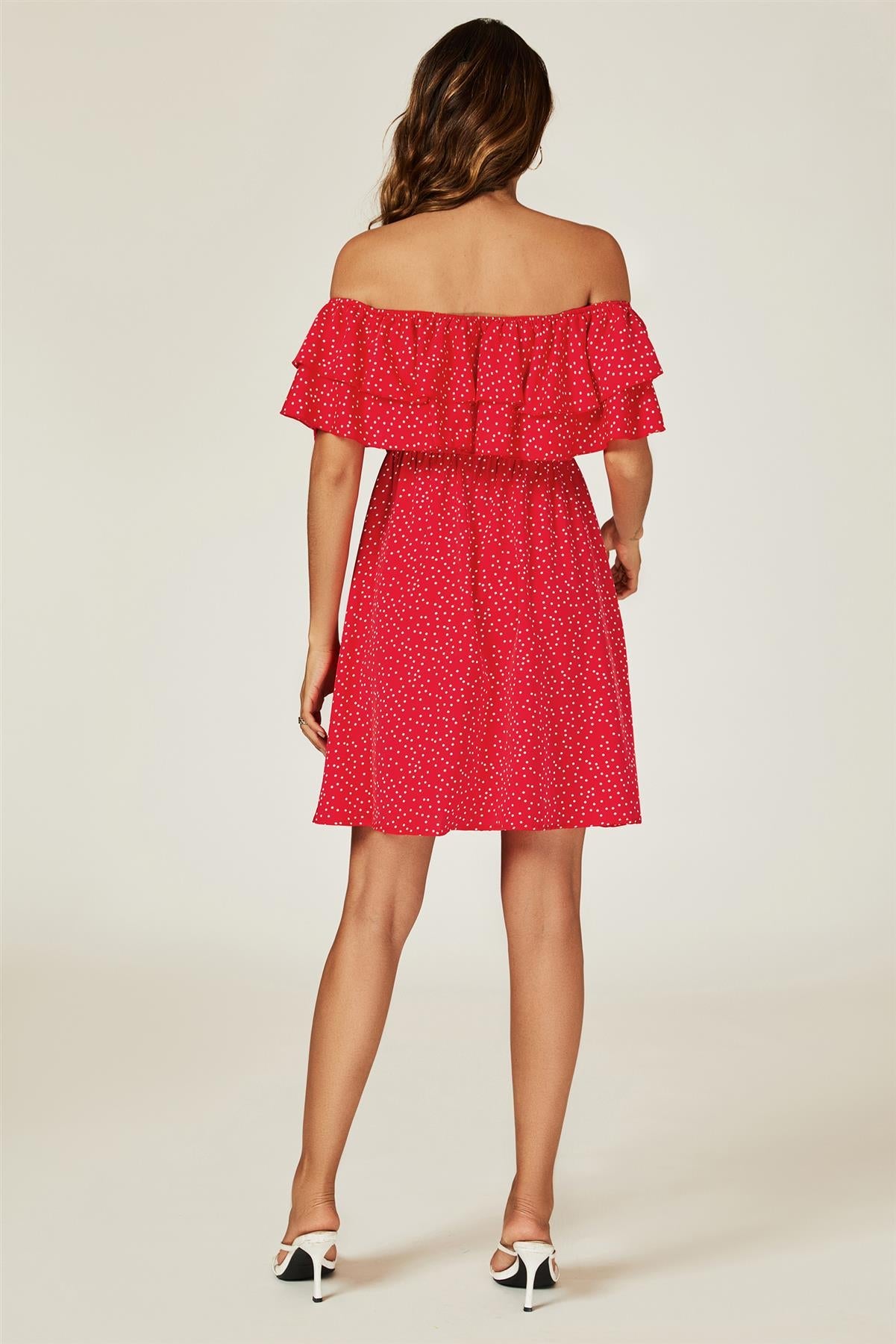 Polka Dot Bardot Frill Mini Dress In Red