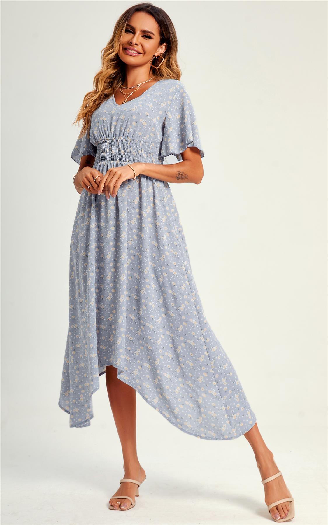 Little Flora Print Elasticated Waist High Low Midi Dress In Grey