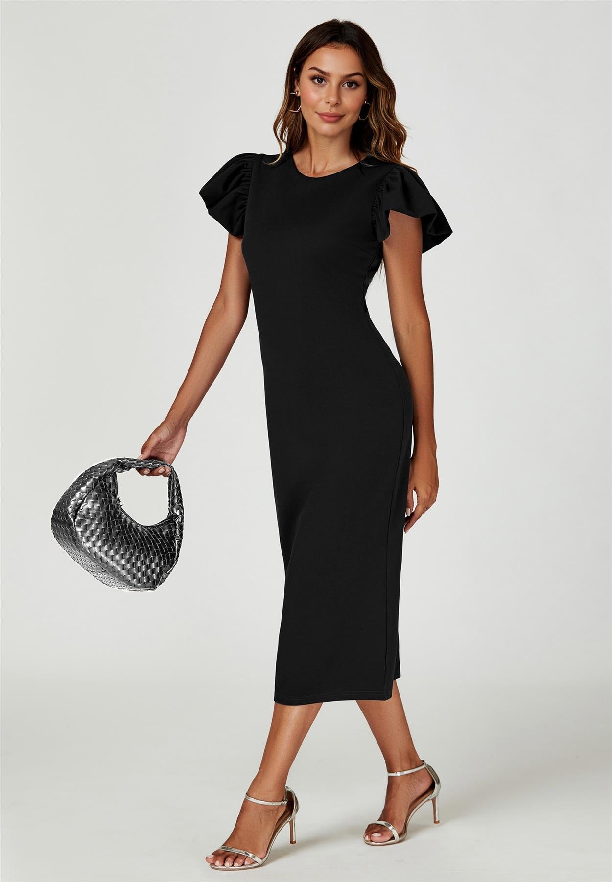 Volume Sleeve Bodycon Midi Dress In Black
