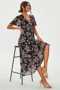 Leopard Floral Print Angel Sleeve Maxi Dress In Black