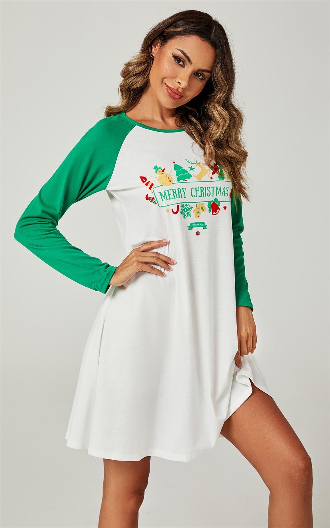 Christmas Nightgown Holiday Sleepwear Mini Dress In White & Green