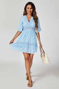 V Neck Lace Mini Dress In Light Blue