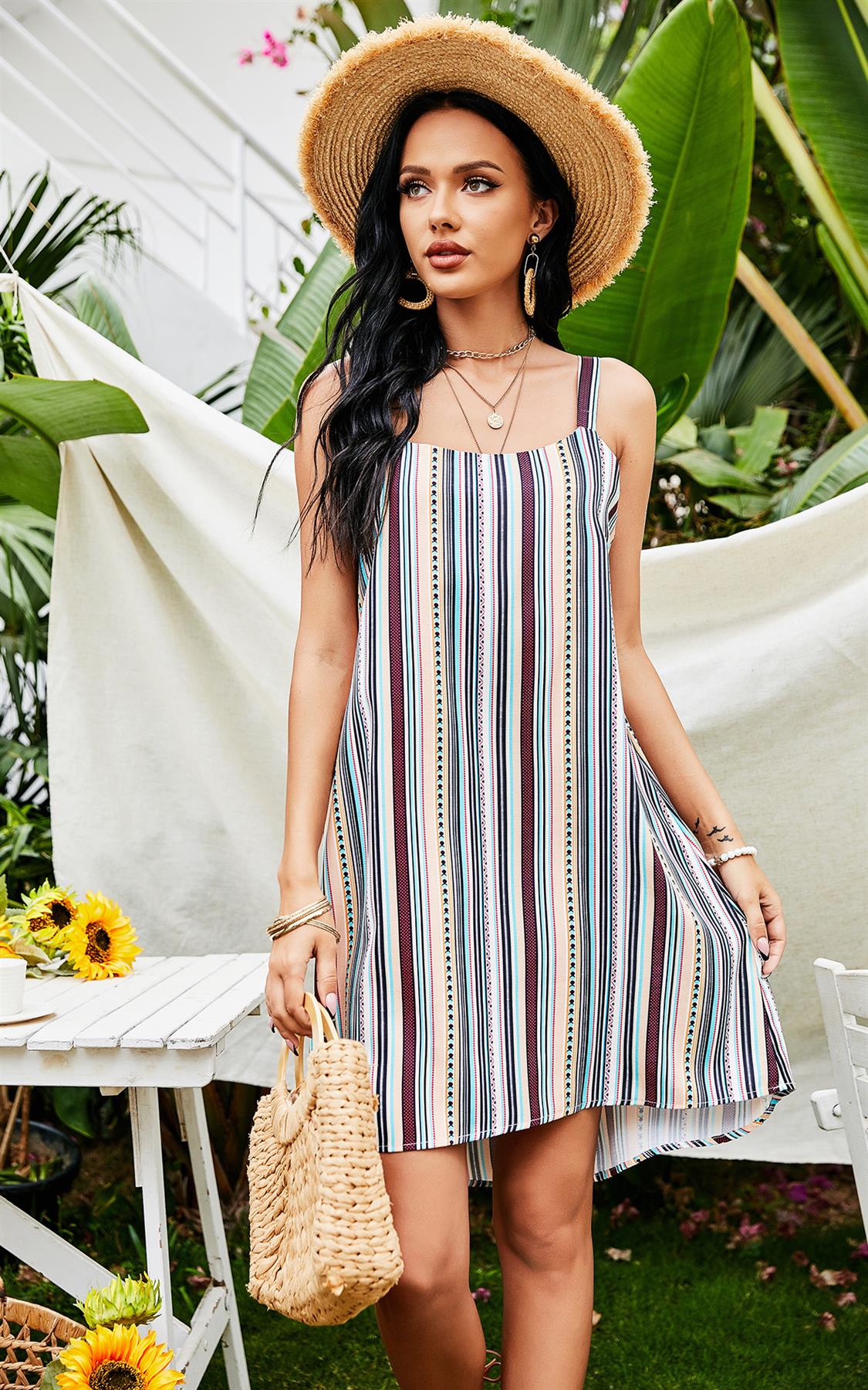 Striped Print Strappy Dress In White & Beige & Mint & Black & Red