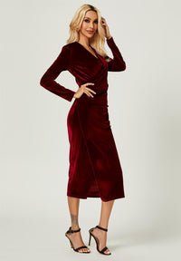 Velvet Wrap Style Long Sleeve Midi Dress In Wine