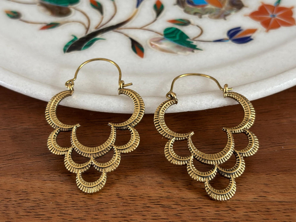 Antique Gold Crescent Layered  Hoops - Boho Earrings