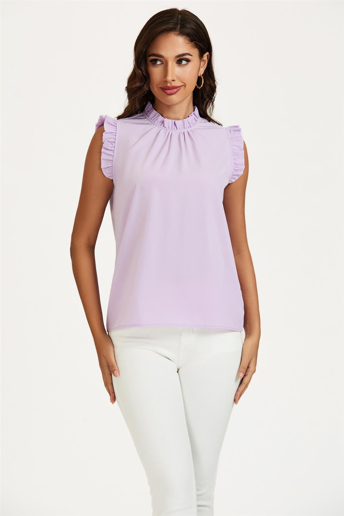 Frill Trim Sleeve Frill Neck Blouse Top In Light Purple