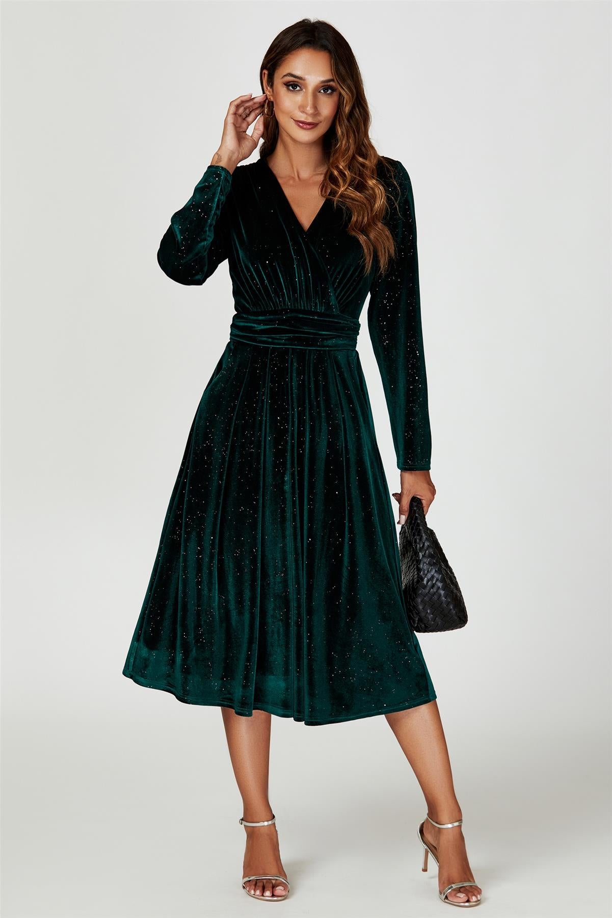Silver Sparkly Velvet Wrap Top Midi Dress In Green