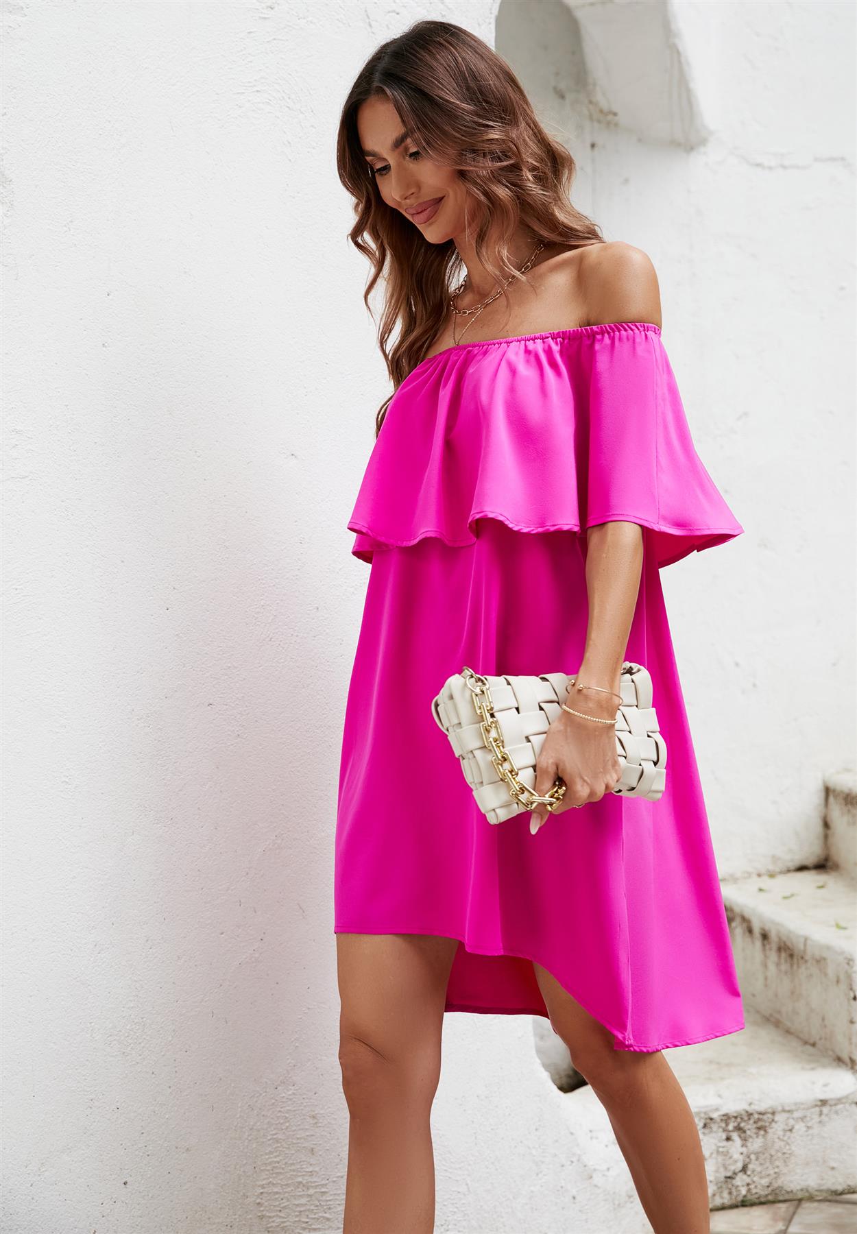 Bardot Frill Off Shoulder Mini Dress In Magenta