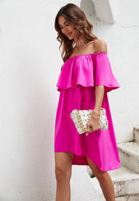 Bardot Frill Off Shoulder Mini Dress In Magenta