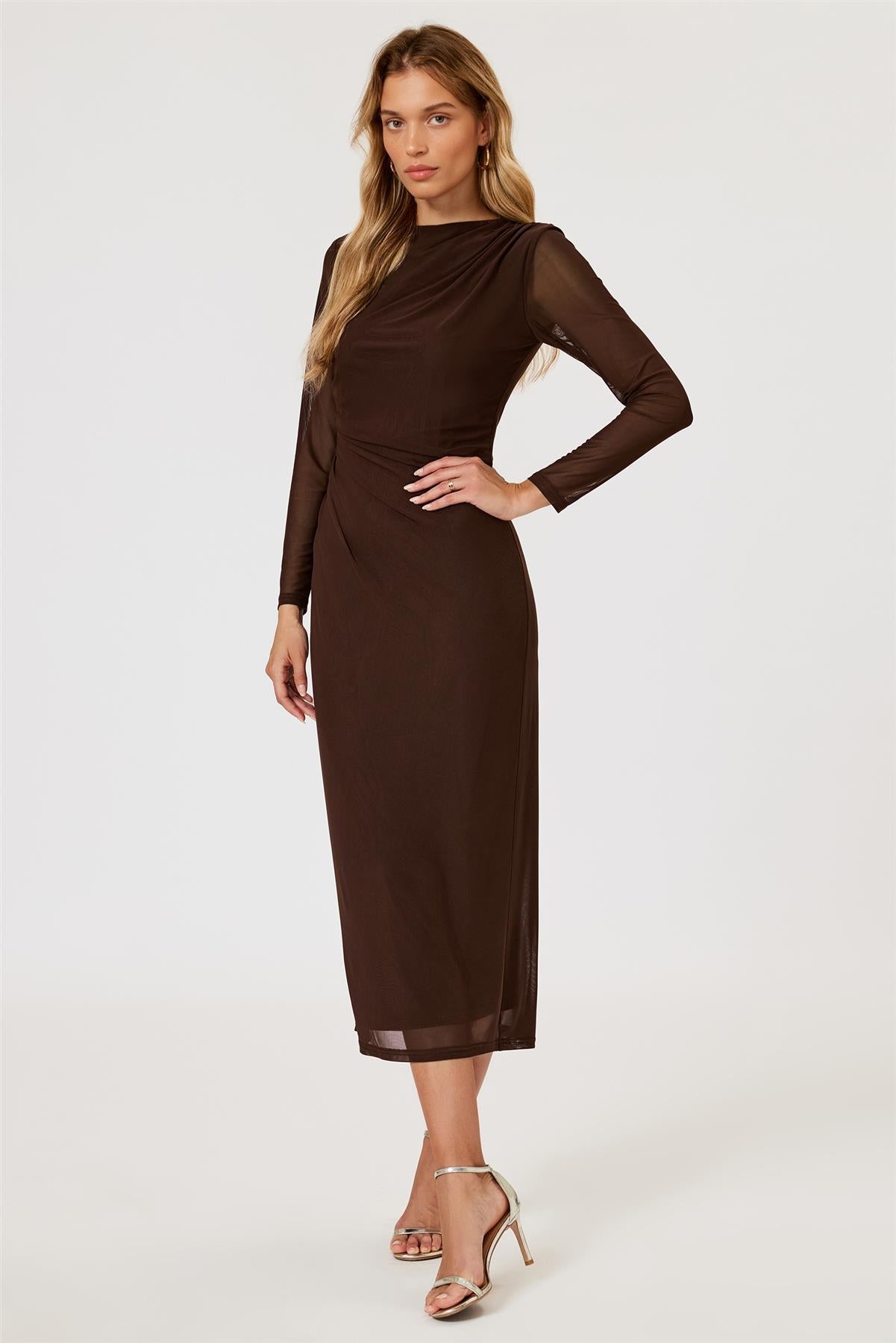Long Sleeves Mesh Midi Dress In Brown