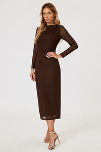 Long Sleeves Mesh Midi Dress In Brown