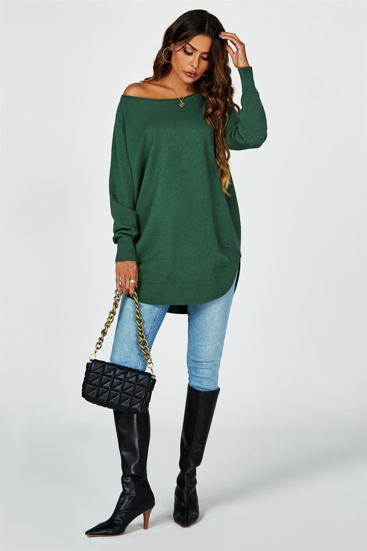 Oversize Knitted Jumper Top In Dark Green