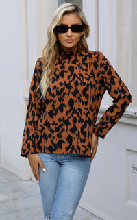 Frill Detail High Neck Top In Camel Brown & Black Leopard Animal Print