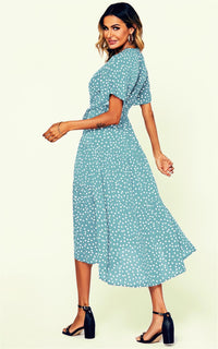 Polka Dot Hem Tiered Wrap Dress In Blue