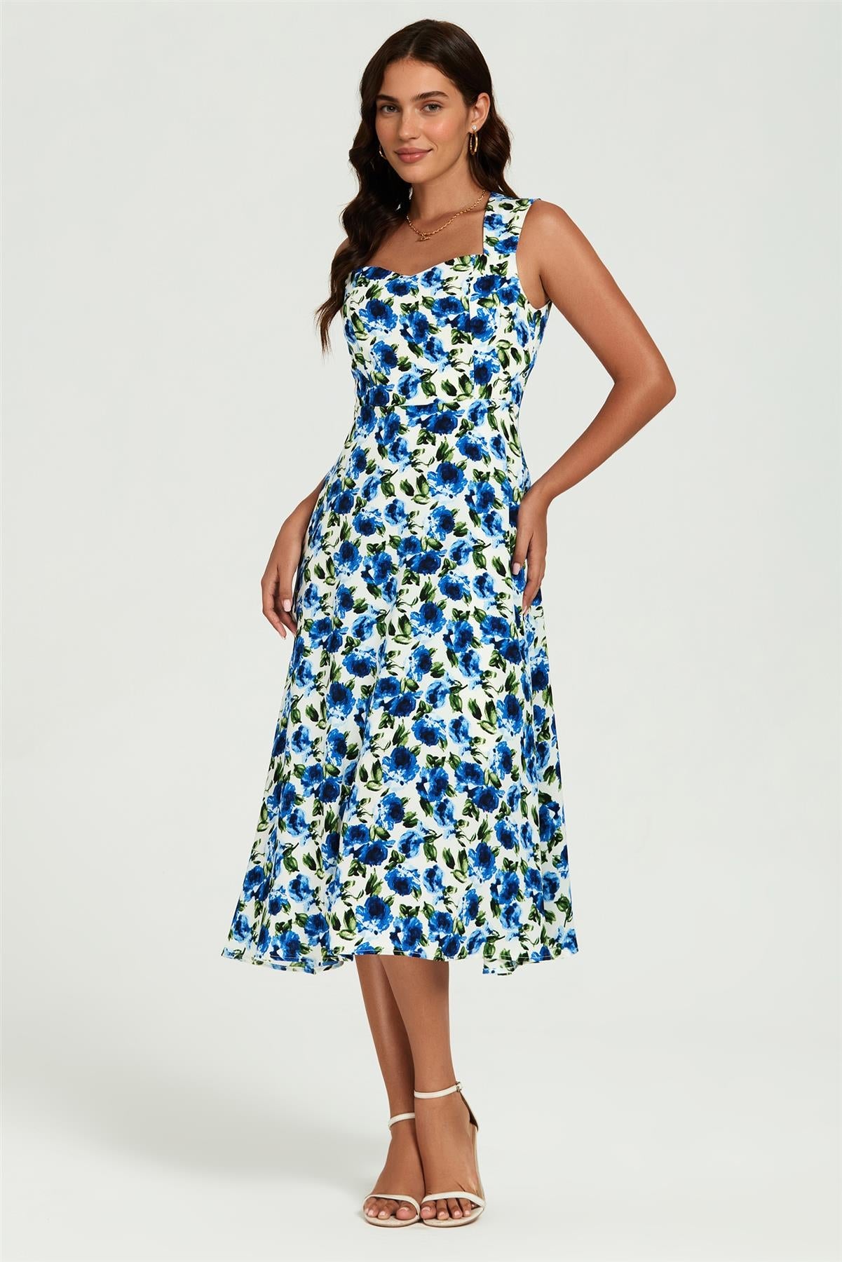 Blue Floral Print Heart Neck Midi Dress