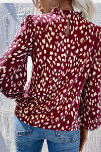 Animal Print Frill Detail High Neck Top In Wine