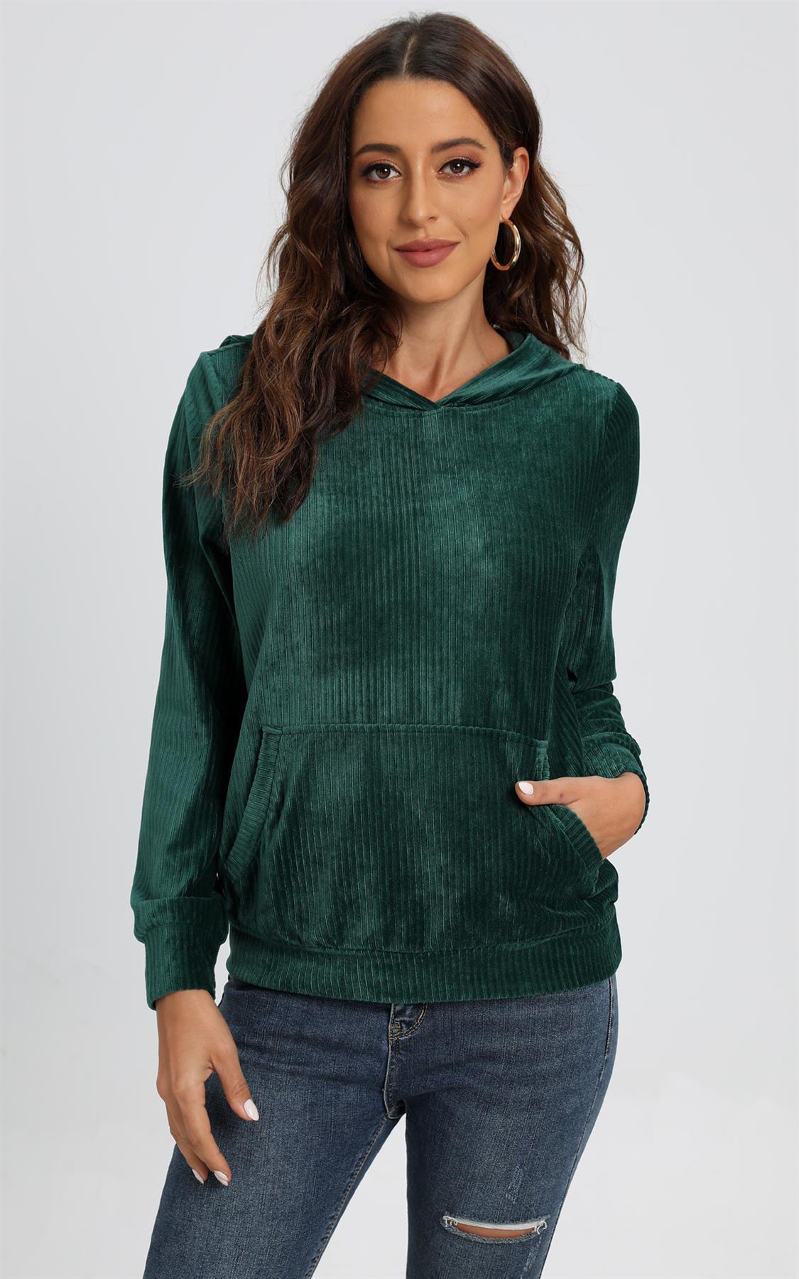 Velvet Hoodie Top With Pocket In Green