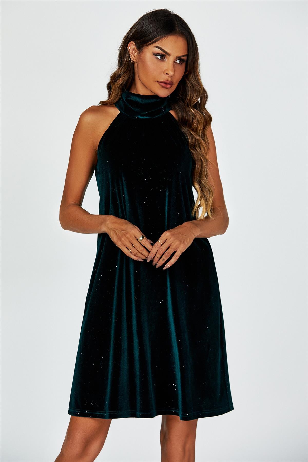 Silver Foil Velvet Halter Neck Tie Back Mini Dress In Green