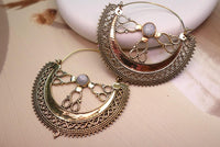 Filigree Crescent Moon Earrings with Gemstone.