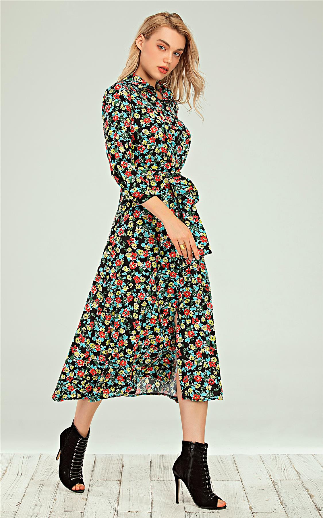 Shirt Dress In Black & & Red Blue Yellow Ditsy Floral Print