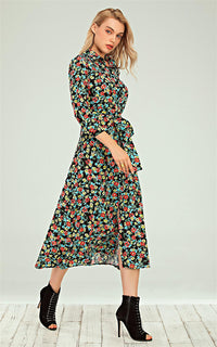 Shirt Dress In Black & & Red Blue Yellow Ditsy Floral Print