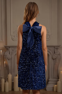 Velvet Sequin Halter Neck Tie Back Mini Dress In Navy