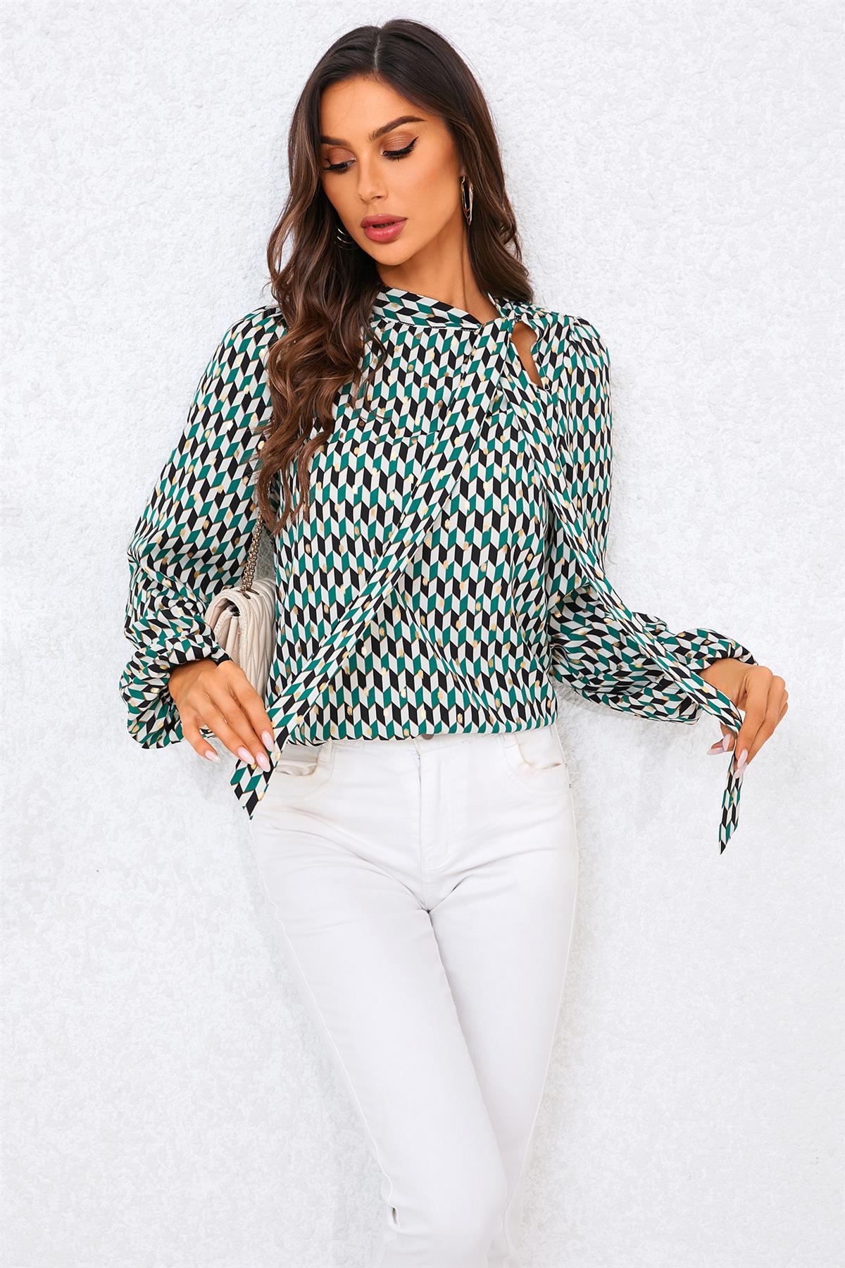 Geo Print Side Tie Blouse Top In Green