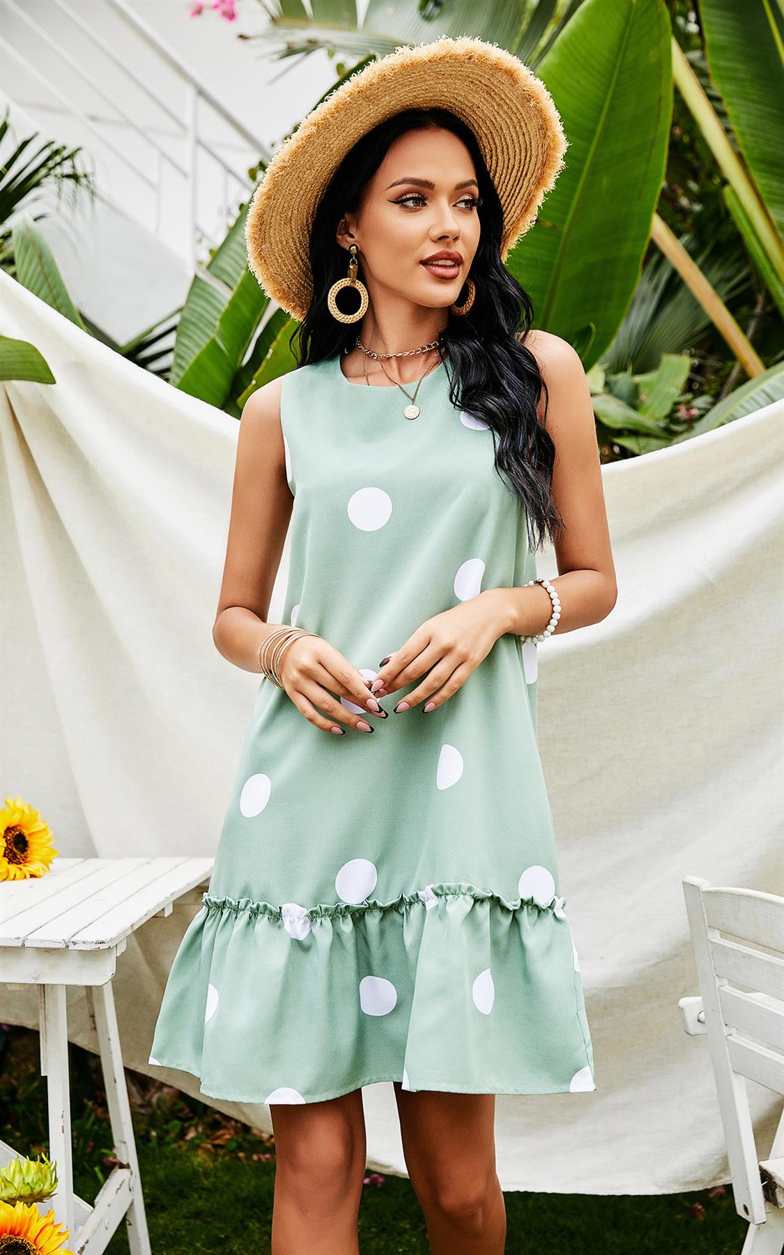 White Polka Print Frill Mini Dress In Mint Green