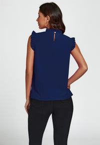 Frill Trim Sleeve Frill Neck Blouse Top In Navy