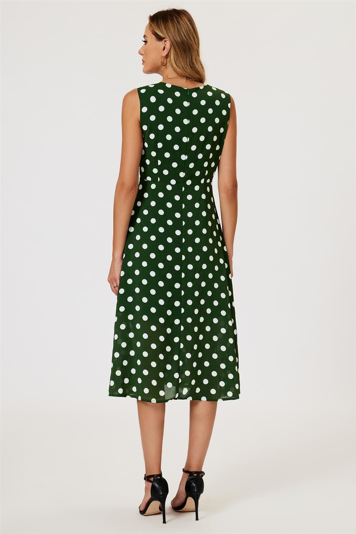 Polka Dot Print Heart Neck Midi Green