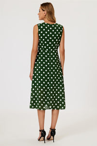 Polka Dot Print Heart Neck Midi Green