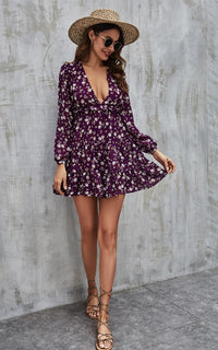 Long Sleeve Mini Dress In Purple Floral Print