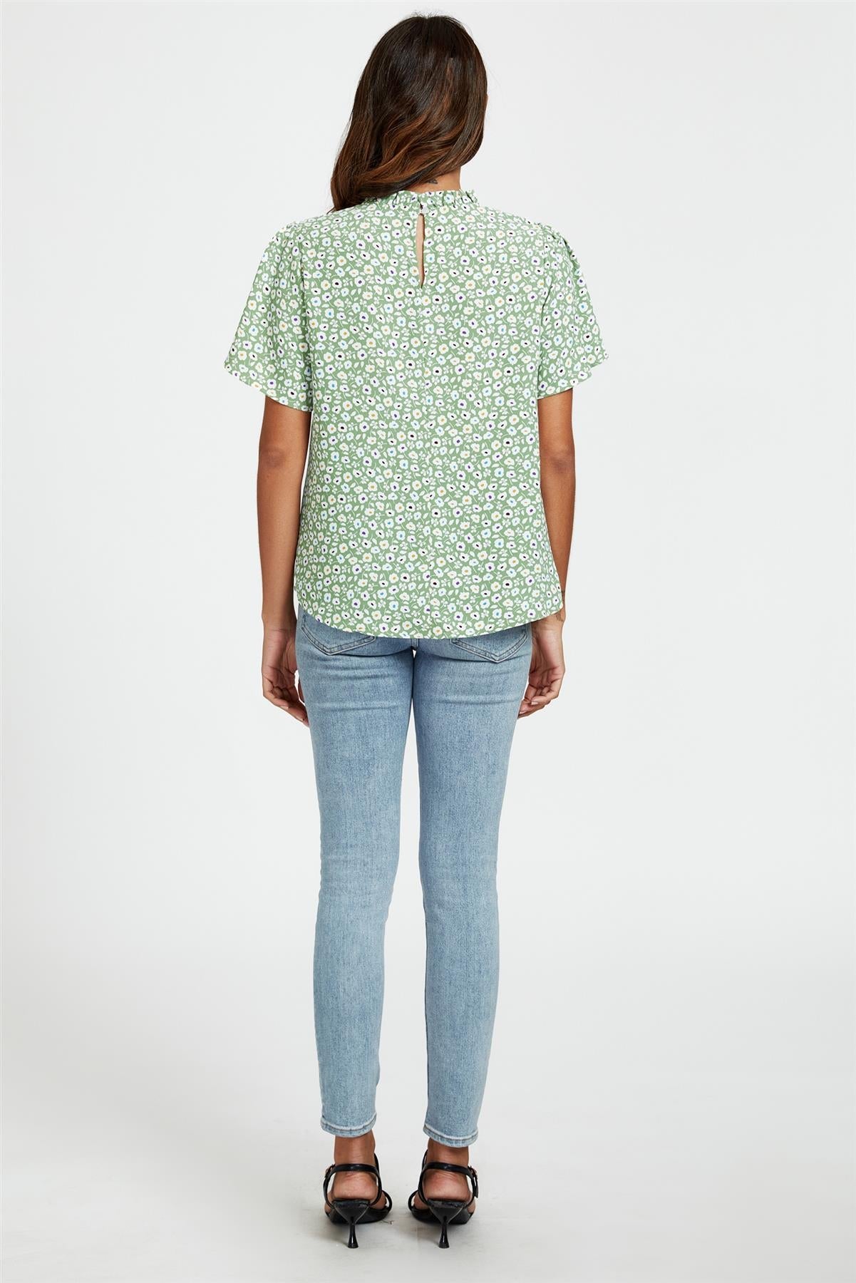 Little Floral Print Angle Sleeve High Neck Top/Blouse In Green