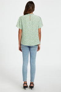 Little Floral Print Angle Sleeve High Neck Top/Blouse In Green