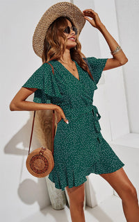 White Dot Mini Wrap Style Dress In Green