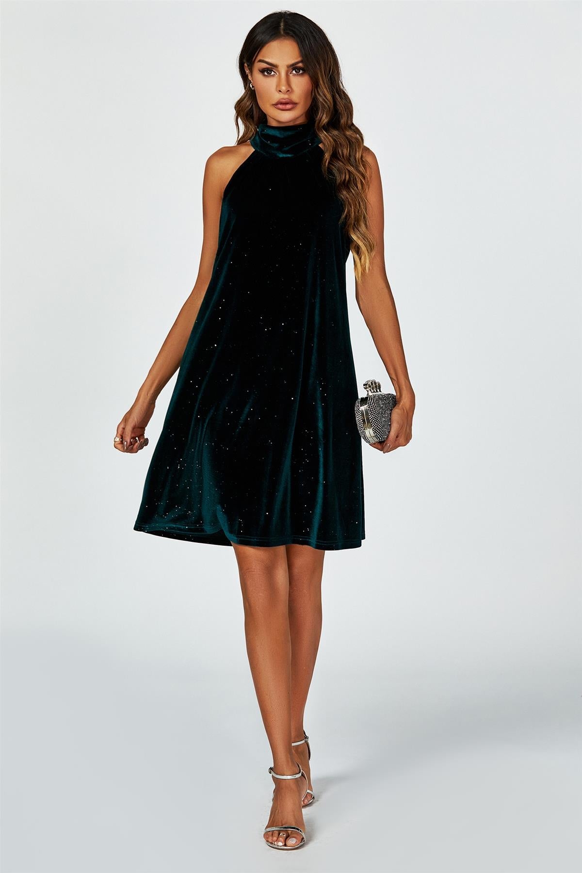 Silver Foil Velvet Halter Neck Tie Back Mini Dress In Green