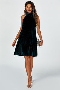 Silver Foil Velvet Halter Neck Tie Back Mini Dress In Green